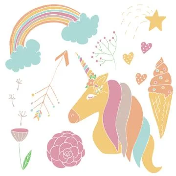 Vector cute unicorn set in hand drawn style. Stock Illustration
