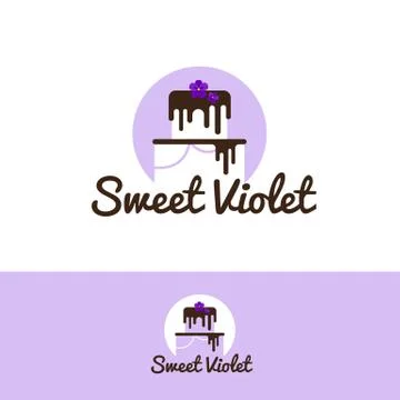 Vector cute white cake logo with chocolate and violet flower on the top. Wedd Stock Illustration