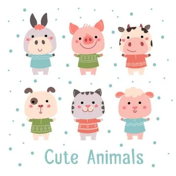 Vector Cute Winter animals set piggy, cow, dog, cat, sheep, donkey in sweaters. 스톡 일러스트