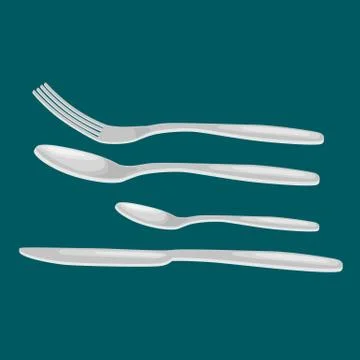 Vector Cutlery Set of Silver or plastic Forks Spoons and Knifes Isolated, Table Illustrazione stock