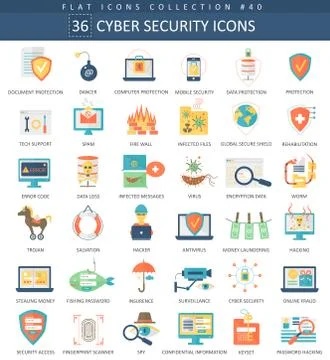 Vector Cyber security flat icon set. Elegant style design. Illustrazione stock