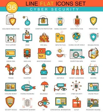 Vector Cyber security flat line icon set. Modern elegant style design for web. Stock Illustration