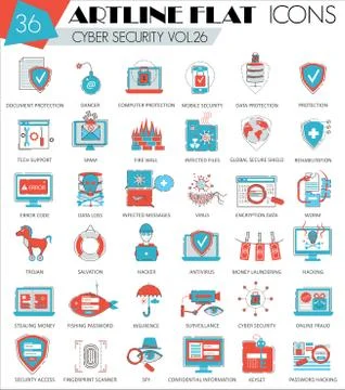 Vector Cyber security ultra modern outline artline flat line icons for web and Stock Illustration