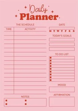 Vector daily planner template with schedule to do list notebook page pink backgr Illustrazione stock