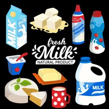 Vector dairy products set flat style including cup of milk, milk canister Stock Illustration