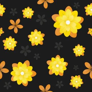 Vector daisies on a black background. Seamless yellow and orange flowers for the Stock Illustration