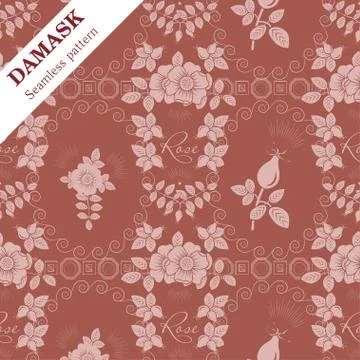 Vector Damask seamless ornament with wild rose motif Illustrazione stock