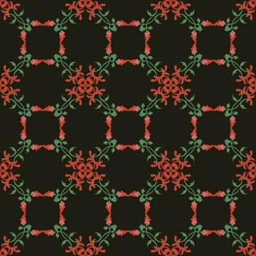Vector damask seamless pattern background red flower cross green leaf vine Stockillustratie