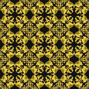 Vector damask seamless pattern background golden curve spiral round cross lea Stock Illustration