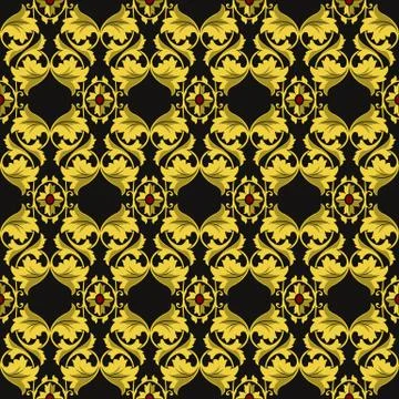 Vector damask seamless pattern background golden curve spiral cross leaf fram Stock Illustration