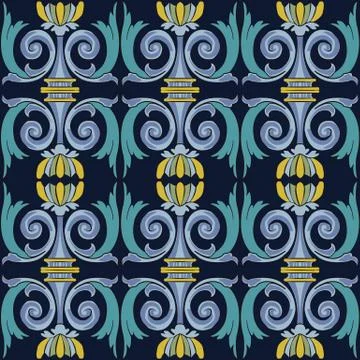 Vector damask seamless pattern background round curve cross spiral leaf frame Stock Illustration