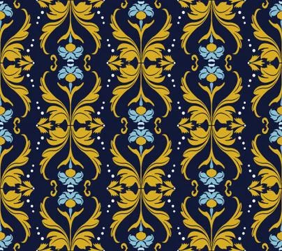 Vector damask seamless pattern background curve wave cross dot line gold leaf Illustrazione stock