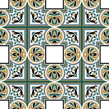 Vector damask seamless pattern background round square spiral curve cross flo 스톡 일러스트