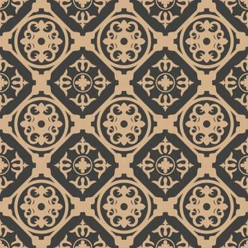 Vector damask seamless retro pattern background round check curve cross plant Stock Illustration