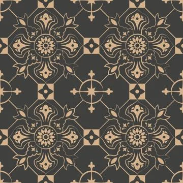 Vector damask seamless retro pattern background round curve cross frame line  Stock Illustration