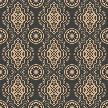 Vector damask seamless retro pattern background round curve cross dot line fr Stock Illustration