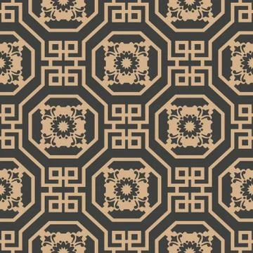 Vector damask seamless retro pattern background oriental polygon spiral geome Stock Illustration
