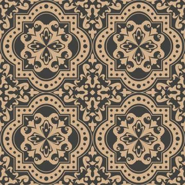 Vector damask seamless retro pattern background curve cross dot line frame fl Stock Illustration