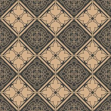 Vector damask seamless retro pattern background check curve geometry frame fl Stock Illustration