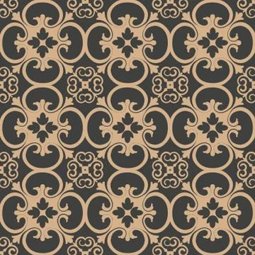 Vector damask seamless retro pattern background spiral curve cross plant leaf イラスト素材