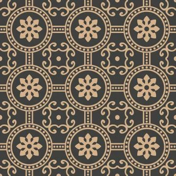 Vector damask seamless retro pattern background round cross frame dot line fl Stock Illustration
