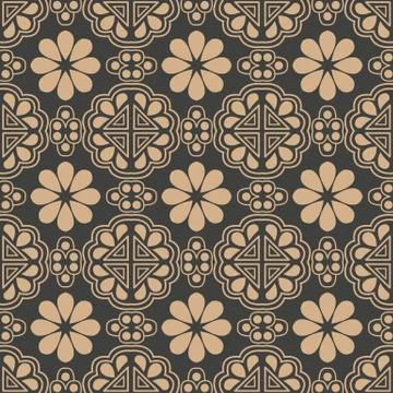 Vector damask seamless retro pattern background oriental round curve cross fr Stock Illustration