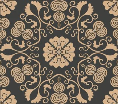Vector damask seamless retro pattern background oriental spiral curve polygon Stock Illustration