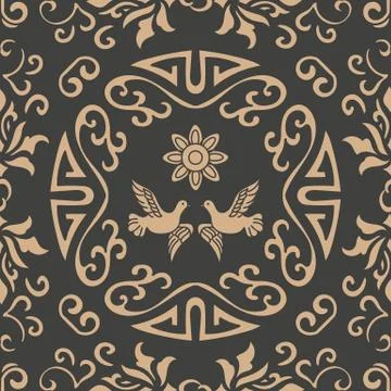 Vector damask seamless retro pattern background oriental round spiral curve c Stock Illustration