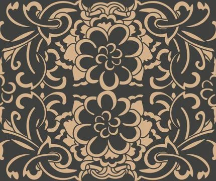 Vector damask seamless retro pattern background oriental spiral curve cross f Stock Illustration