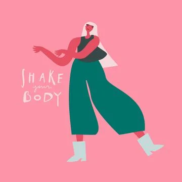 Vector Dancing funny cartoon character person handwritten quote: shake your body Stock Illustration