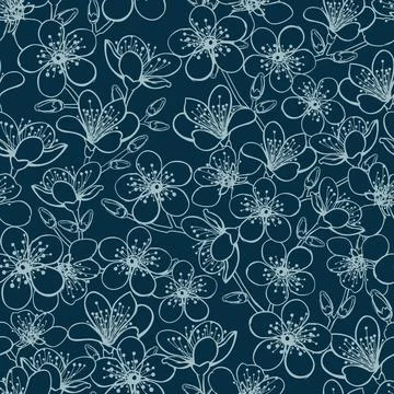 Vector dark blue background grey outlines cherry blossom sakura flowers seaml Stock Illustration