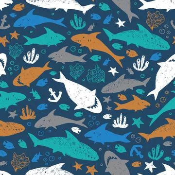 Vector dark blue colourful cute shark pen sketch repeat pattern. Perfect for  스톡 일러스트