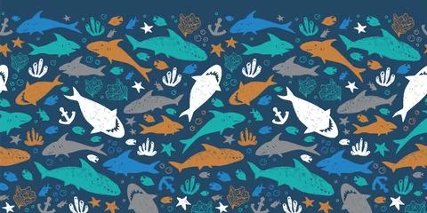 Vector dark blue colourful cute shark pen sketch horizontal border pattern... Illustrazione stock