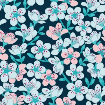 Vector dark blue cyan background with light blue and light red cherry blossom Stock Illustration