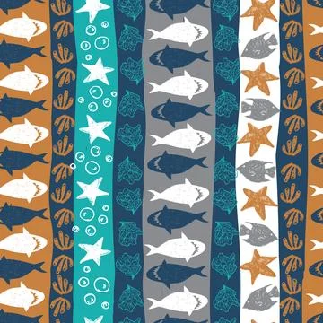 Vector dark blue vertical stripes cute shark pen sketch repeat pattern. Perfe Stock Illustration