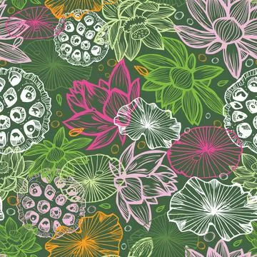 Vector dark green colourful overlapping lotus tropical flowers and water li.. Stock Illustration