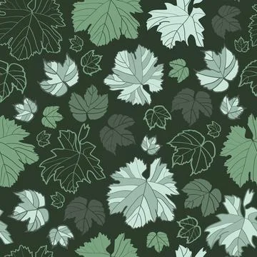 Vector dark green grape leafes seamless pattern print background. Stock Illustration