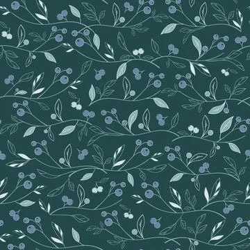 Vector dark green leafs and berries seamless background ornament texture. Stock Illustration
