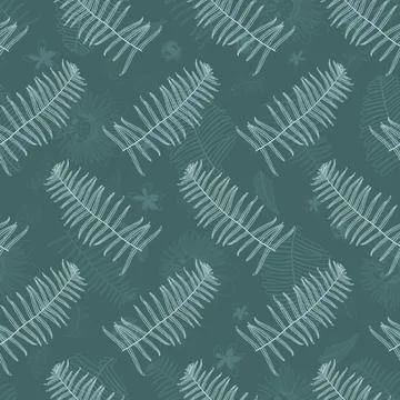 Vector dark green mint ostrich ferns seamless pattern with ferns watermark fa Stock Illustration