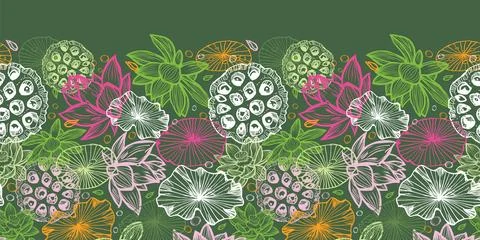 Vector dark green oriental overlapping lotus tropical flowers and water lily Stock Illustration