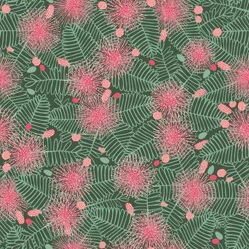 Vector dark green touch me not shameplant floral seamless pattern with overla Stock Illustration