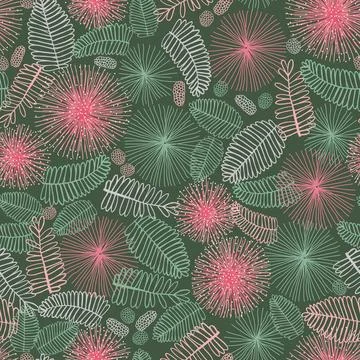 Vector dark green touch me not shameplant floral seamless pattern. Perfect fo Stock Illustration