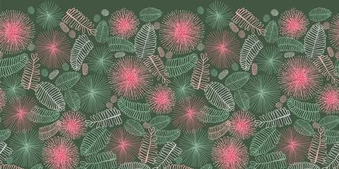 Vector dark green touch me not shameplant floral horizontal pattern. Perfect for Stock Illustration