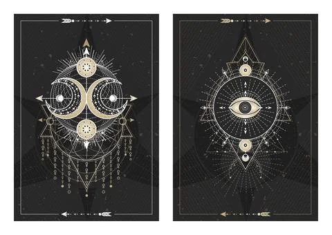 Vector dark illustrations with sacred geometry symbols Stock Illustration