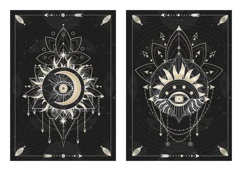 Vector dark illustrations with sacred geometry symbols Stock Illustration