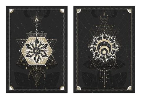 Vector dark illustrations with sacred geometry symbols, grunge textures and f Stock Illustration