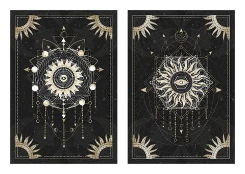 Vector dark illustrations with sacred geometry symbols, grunge textures and f Stock Illustration