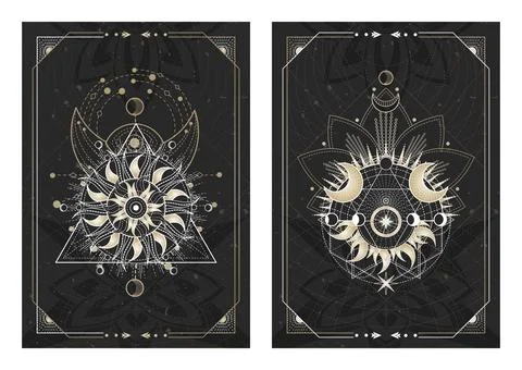 Vector dark illustrations with sacred geometry symbols, grunge textures and f Stock Illustration