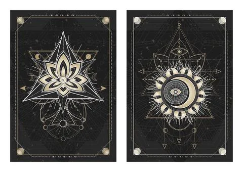 Vector dark illustrations with sacred geometry symbols, grunge textures and f Stock Illustration