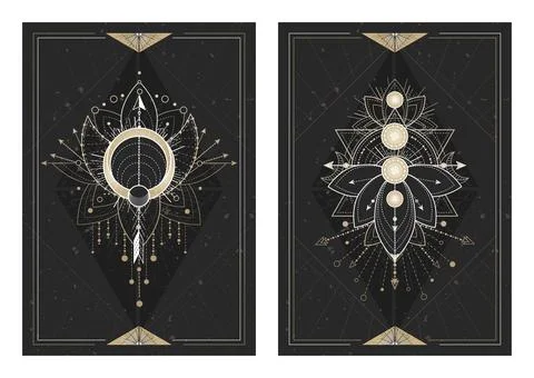 Vector dark illustrations with sacred geometry symbols, grunge textures and f Stock Illustration